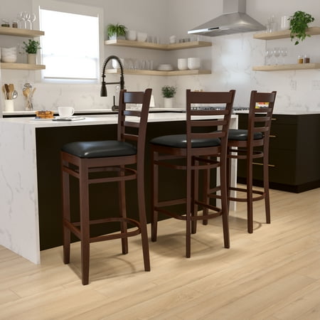 Flash Furniture HERCULES Series Ladder Back Mahogany Wood Restaurant Barstool - Black Vinyl Seat