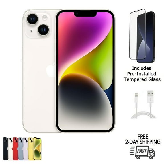 Restored Apple iPhone 14 A2649 (Fully Unlocked) 128GB Starlight Bundle with Pre-Installed Tempered Glass (Refurbished)