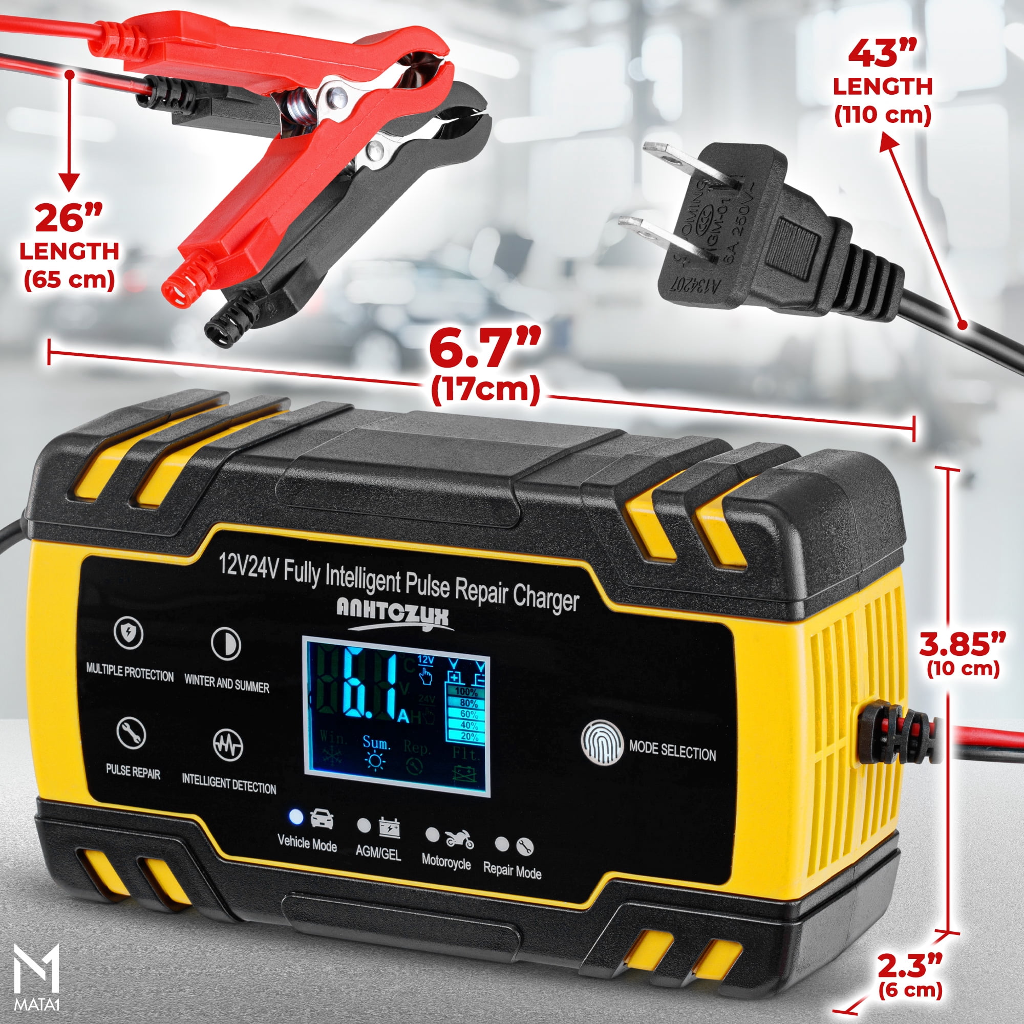 Mata1-USA Car Battery Charger & Maintainer (12V / 8A & 24V / 4A), Smart Automobile Trickle Charger & Desulfator