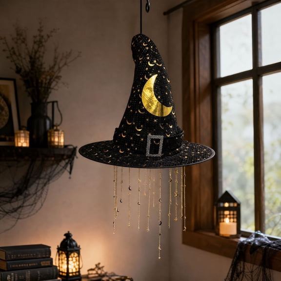 CHJK Lighted Witch Hat Hanging Chime, Glowing Star Halloween Decor, Entryway Hanging Ornament for Indoor Outdoor Party Display