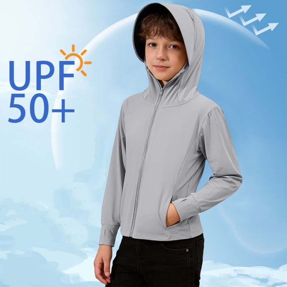Kids 3-15Y UPF50 Sun Hoodie Lightweight Full Zip Hooded Long Sleeve Casual Outwear Gray 12-13 Years