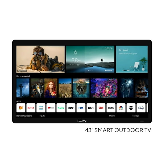 NavaTV 43" 4K UHD LED Partial Sun Outdoor Smart TV   Wall Mount, IP54 Weatherproof, Tempered Anti-Glare Television (NVTV430SM)