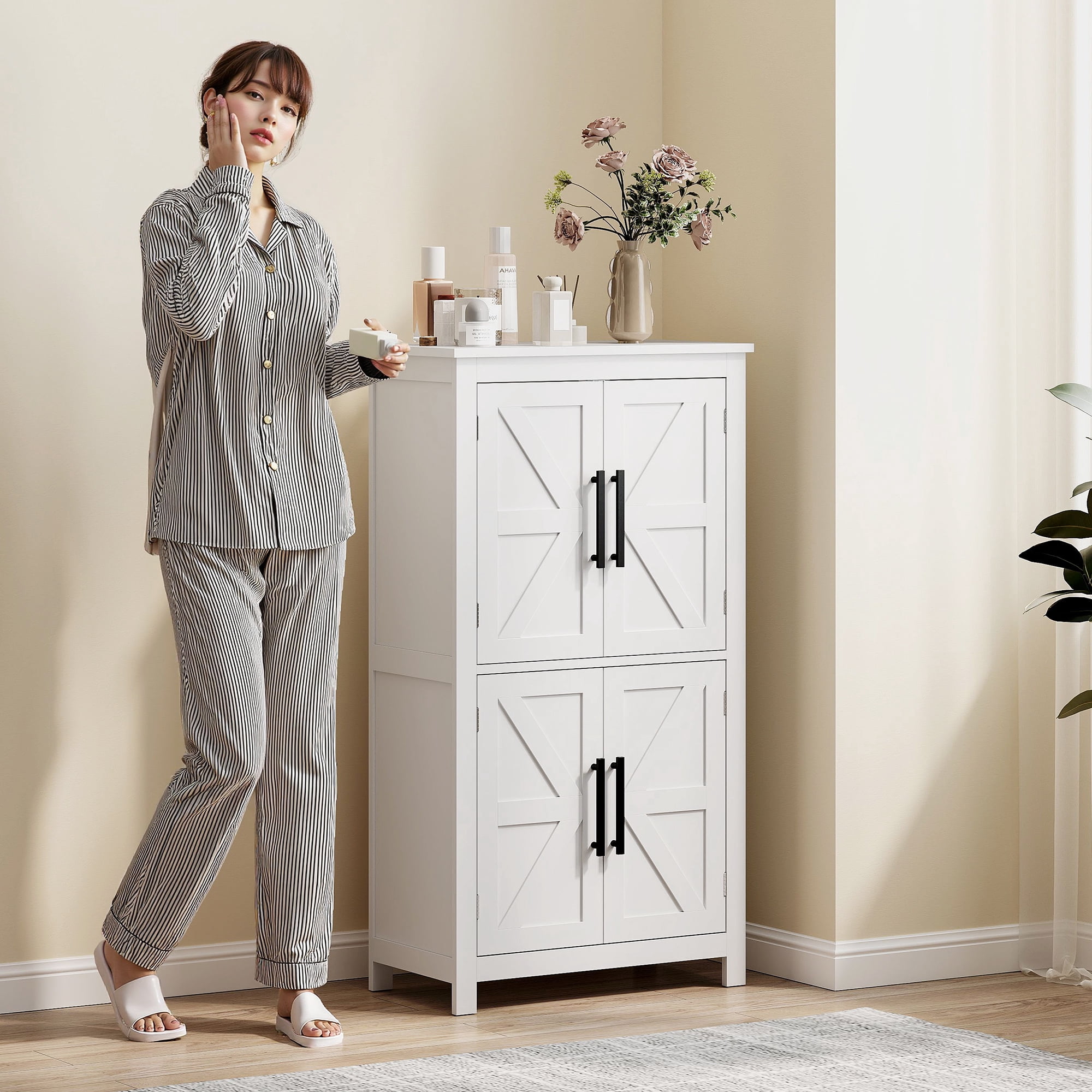 HOMCOM Bathroom Floor Cabinet, Farmhouse Bathroom Cabinet with Barn Doors, Bathroom Storage Cabinet with Adjustable Shelf, White
