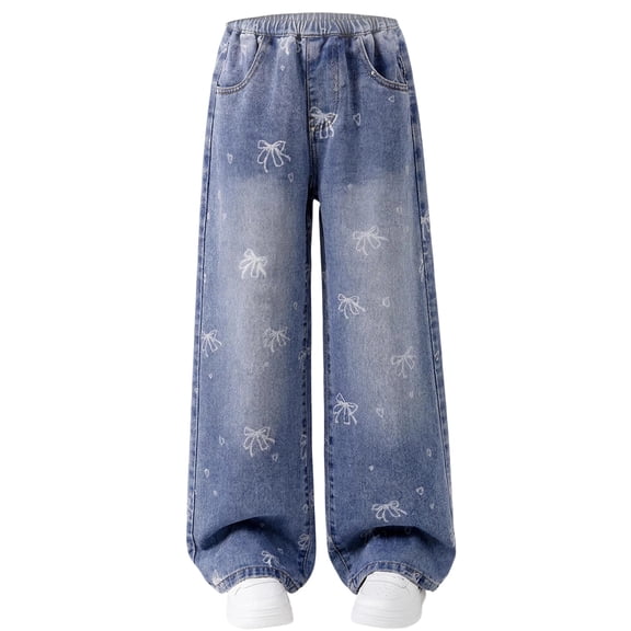 WQNVRNR Girls Wide-Leg Pants- Lightweight Breathable Elastic Waist Casual Long Trousers Blue Size 11-12 Years