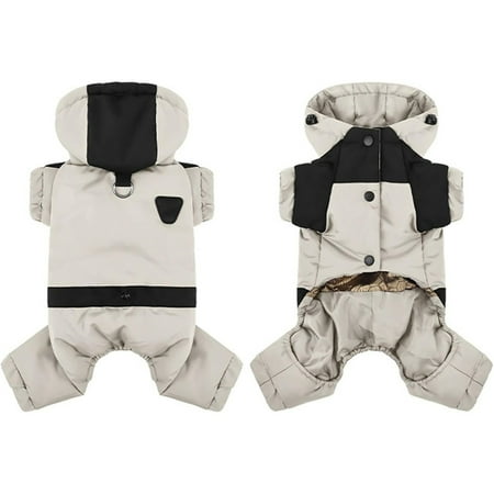 Denbek Dog Jacket with Hood Warm Dog Coat with Hood Waterproof Windproof Winter Full Body Dog Jacket Snowsuit Adjustable Cold Weather Pet Clothes Beige-24*42*28