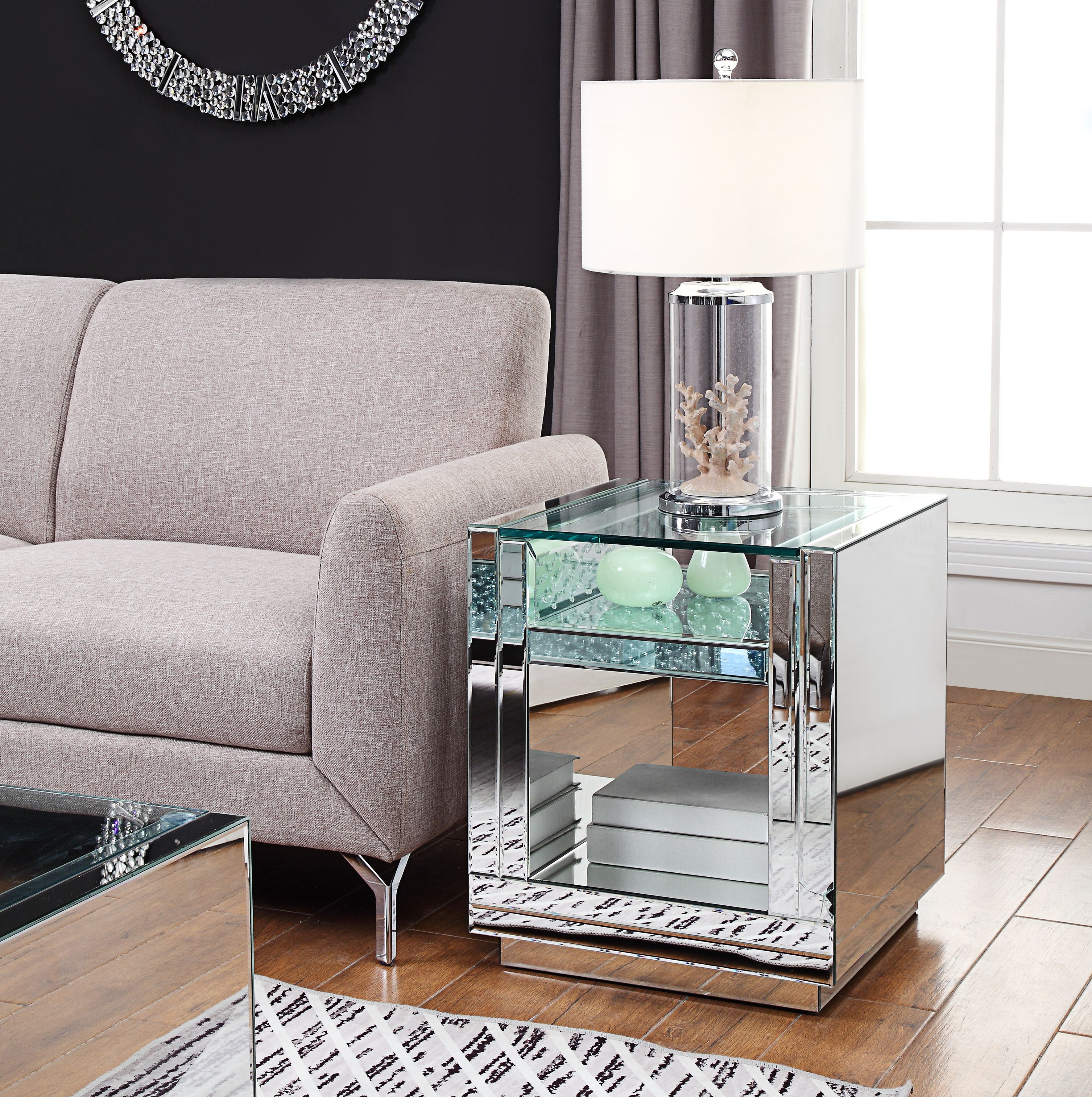 ACME Nysa Glass Top End Table in Mirrored & Faux Crystals.