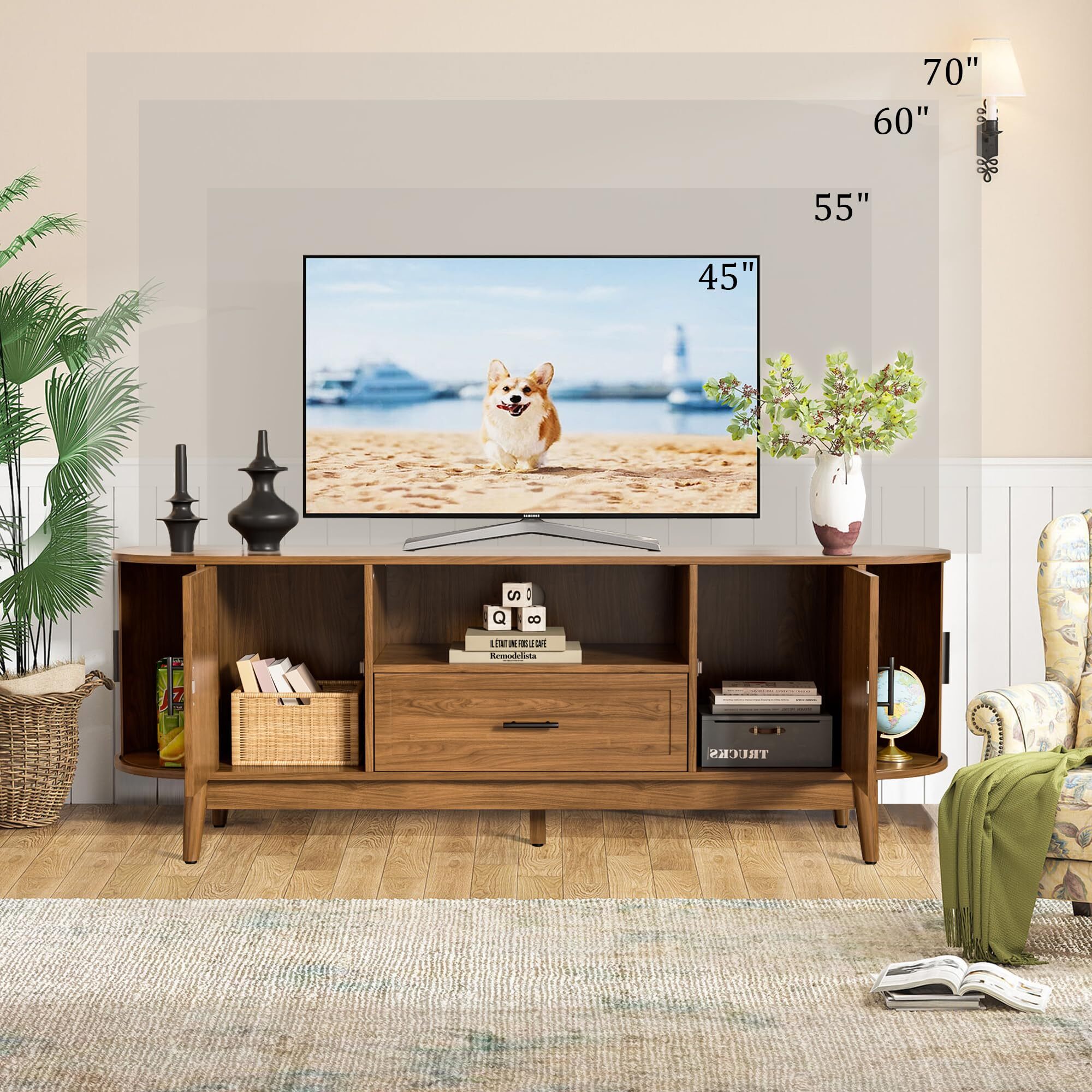 63" Fluted TV Stand for 70" TVs, Mid-Century Entertainment Center with Drawers & Sliding Doors, Curved Media Console