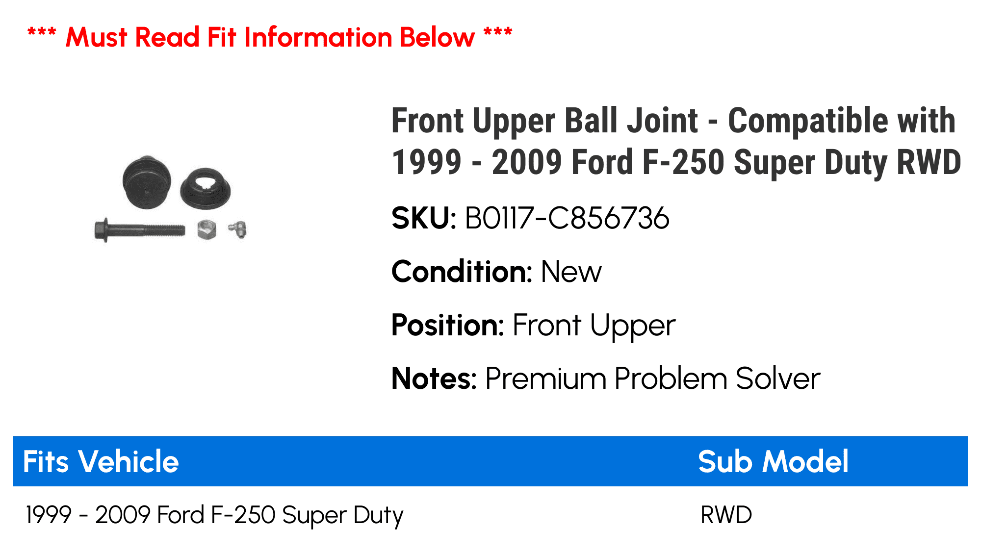 Front Upper Ball Joint - Compatible with 1999 - 2009 Ford F-250 Super Duty RWD - MOOG