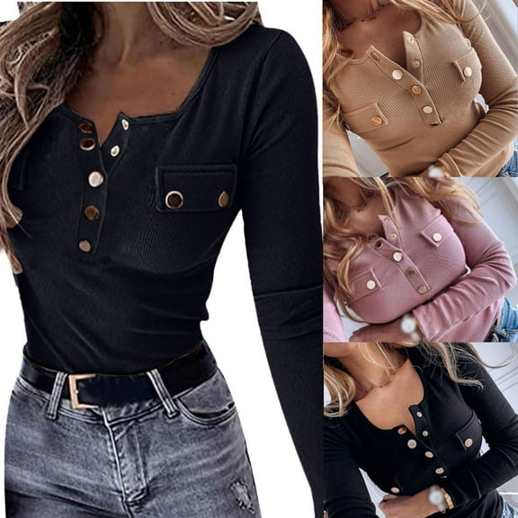 JURANMO Women's Long Sleeve T Shirts Slim Fit Button V Neck Tee Tops Fashion Ribbed Knit Streetwear Deals of the Day Khaki S