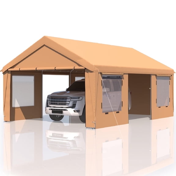 Mellcom 13' x 20' Carport, Heavy Duty Portable Garage with Roll-Up Windows, Side Doors and Removable Sidewalls, All-Season Car Port for Car,SUV,Truck,Yellow