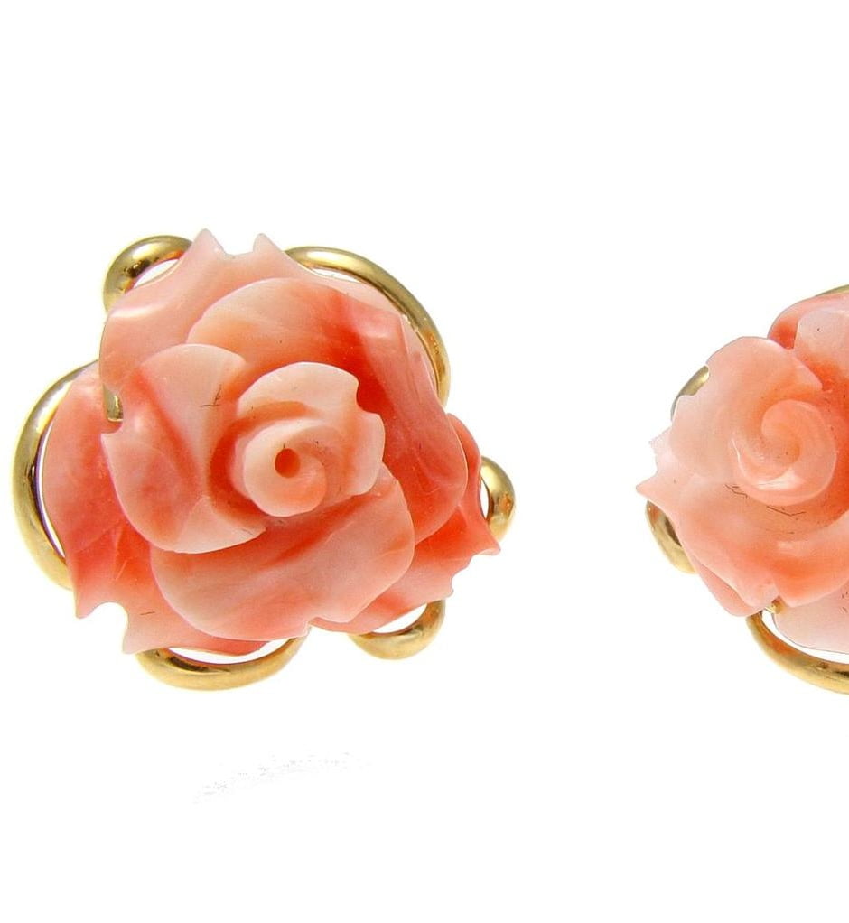 Genuine natural carved pink coral flower stud post earrings 14k yellow gold by