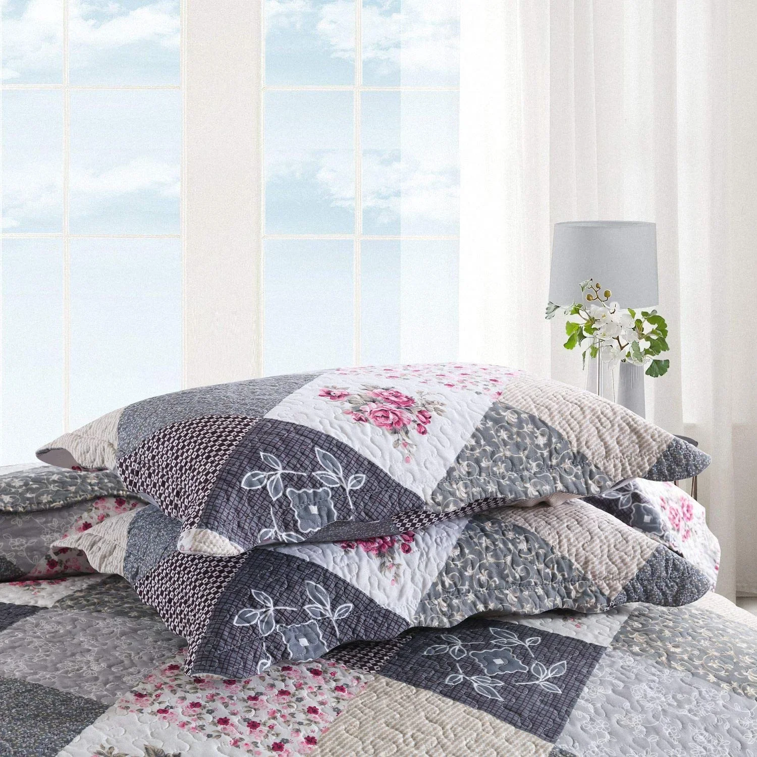 EWAYBY King Quilt Bedding Set 3-Piece Bedspread Coverlet Set Reversible Floral Patchwork Quilt Sets, Gray