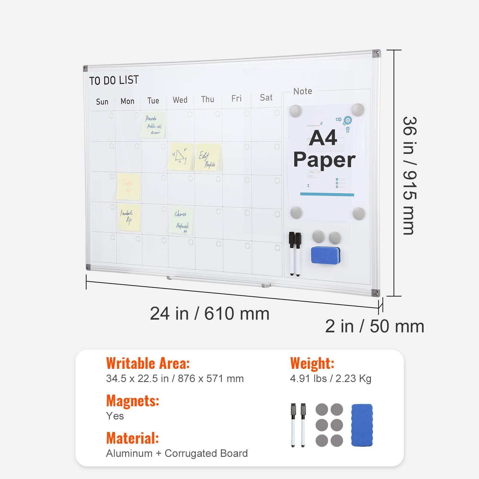 KFFKFF Whiteboard Calendar, Dimensions 36 x 24 Inches, Wall-Mounted Magnetic Monthly Planner, Comes with 1 Magnetic Eraser, 2 Dry Erase Markers & Detachable Tray, Ideal for Home, School