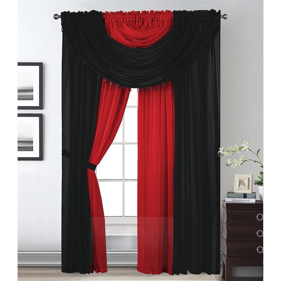 Sapphire Home Complete Window Sheer Curtain Panel Set with 4 Attached Panels 55x95 Each and 2 Valances with Beads and 2 Tiebacks - Easy Installation- Multicolor Black and Red