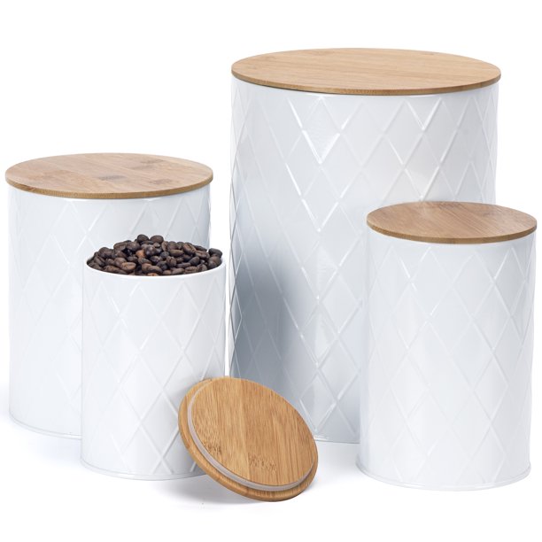 White Kitchen Canisters Set with Wooden Lids, Airtight Sugar, Flour