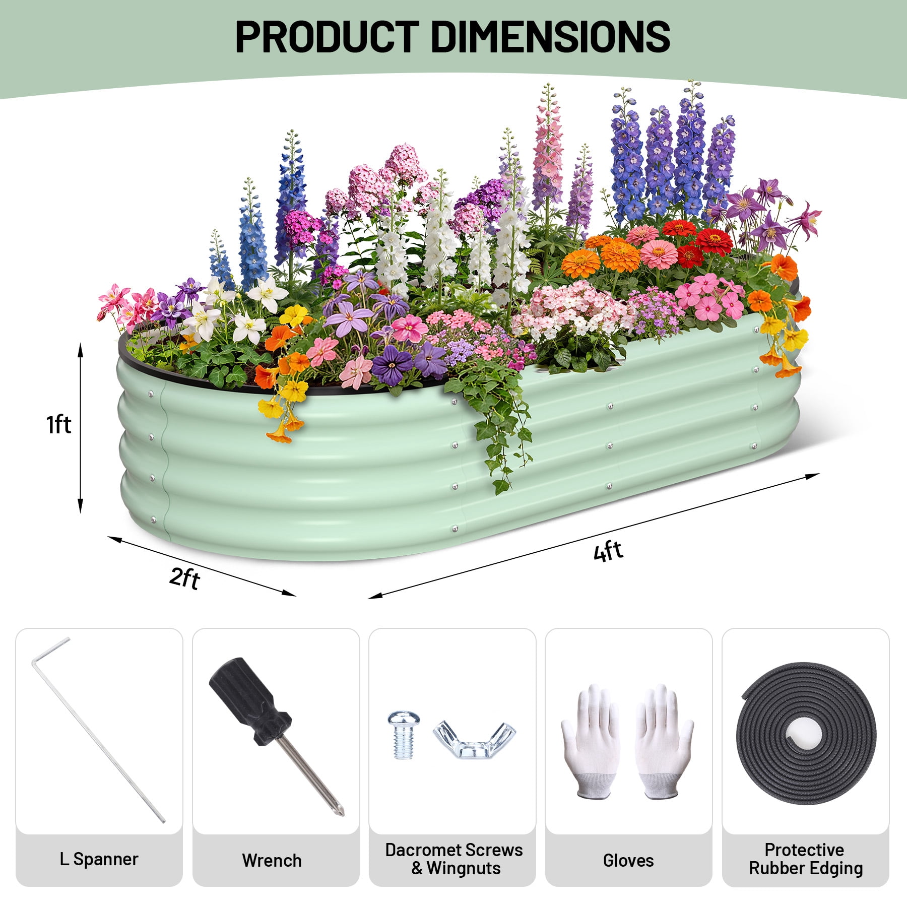 Oval Raised Garden Bed, 4x2x1 FT Galvanized Metal Planter Box for Outdoor, Large Oval Vegetable Bed for Flowers, Herbs & Succulents, Heavy Duty Steel Garden Bed for Backyard, Green