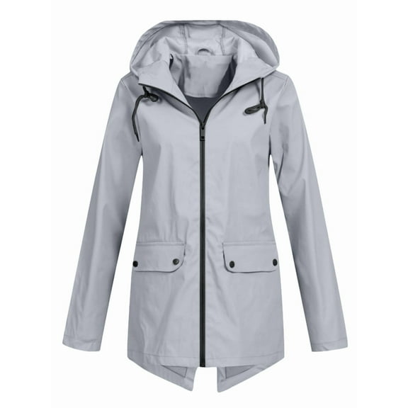 Women Waterproof Long Sleeves Zipper Hooded Long Light Raincoats Travel Hooded Trench Coats Gray XXL