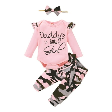 

NZRVAWS Newborn Baby Girls Outfits Long Sleeve Letter Print Ruffle Sleeve Romper Top+Camouflage Print Pants+Headband 3PCS Clothes Set 0-3 Months Pink