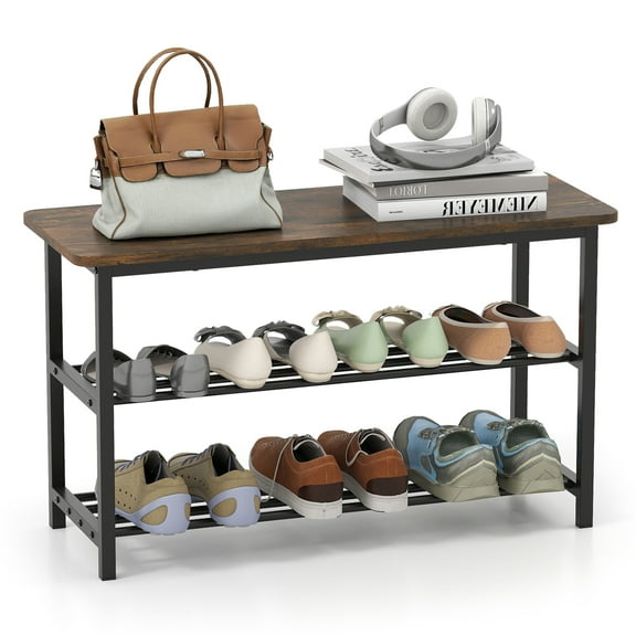 Gymax 3-Tier Shoe Rack Bench w/ Heavy Duty Metal Frame & 300 lbs Seat for Hallway