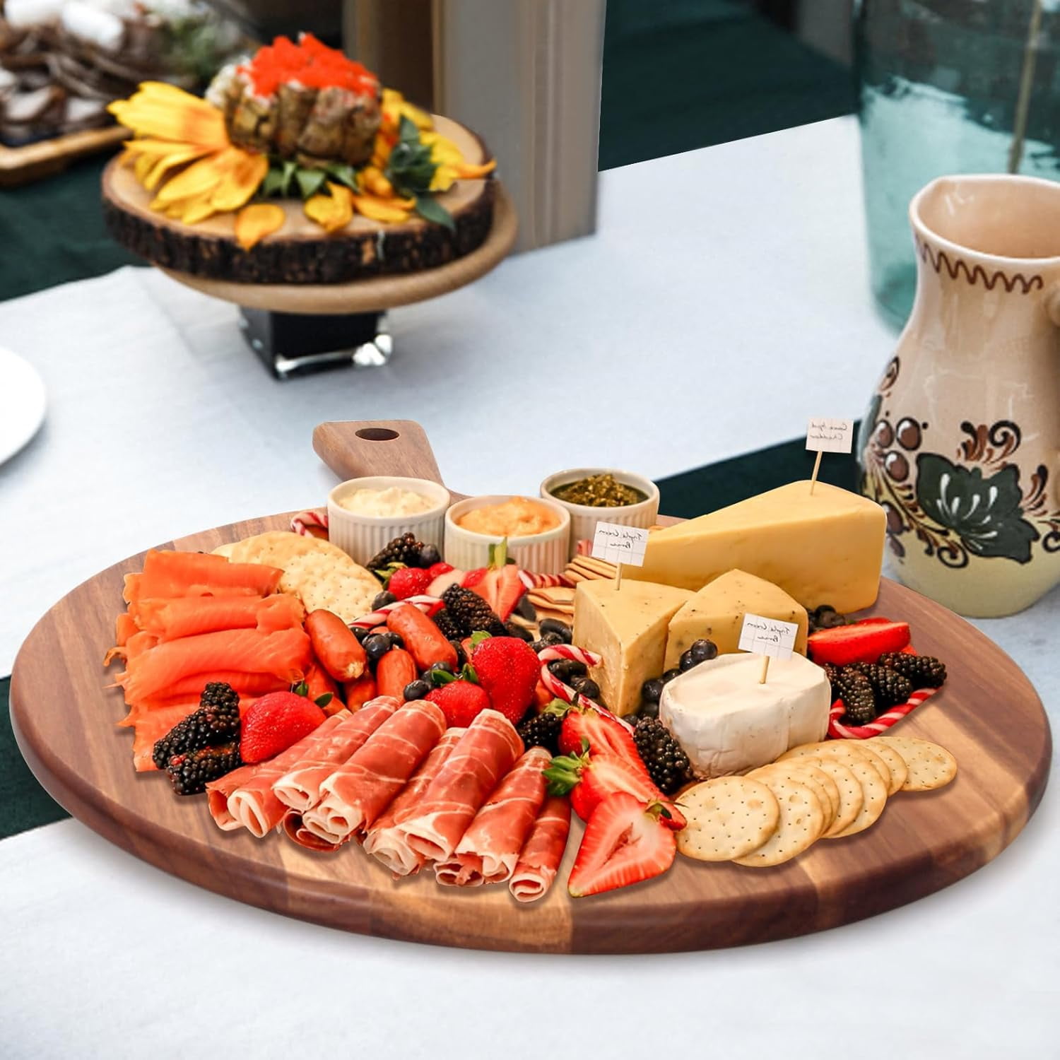 21"x16" XL Round Acacia Wood Cutting Board with Handle, Large Charcuterie Serving Platter for Meat, Cheese, Bread & Pizza
