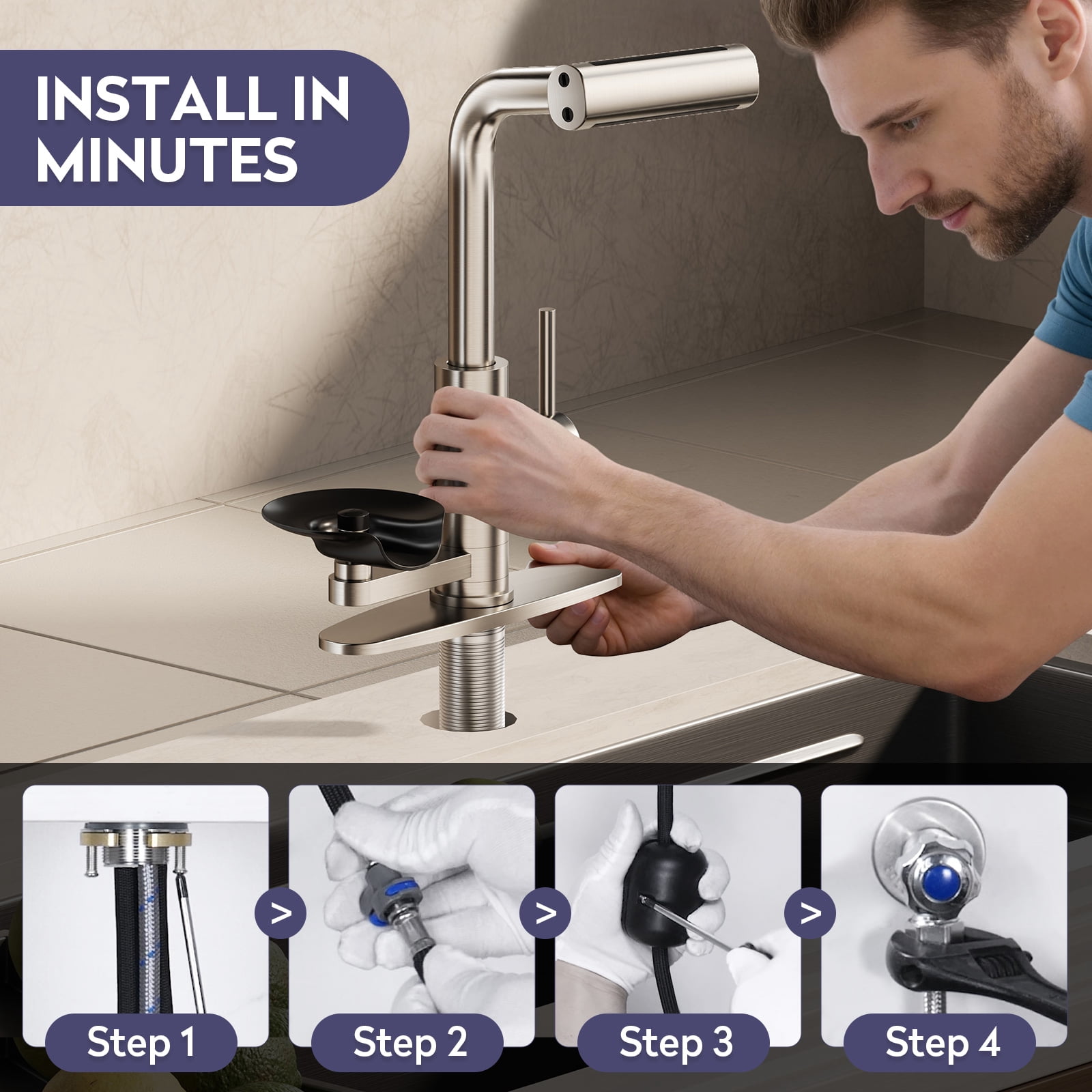 KAIYING Pull Down Kitchen Faucet with Integrated Glass Rinser and Waterfall Mode, Brushed Nickel