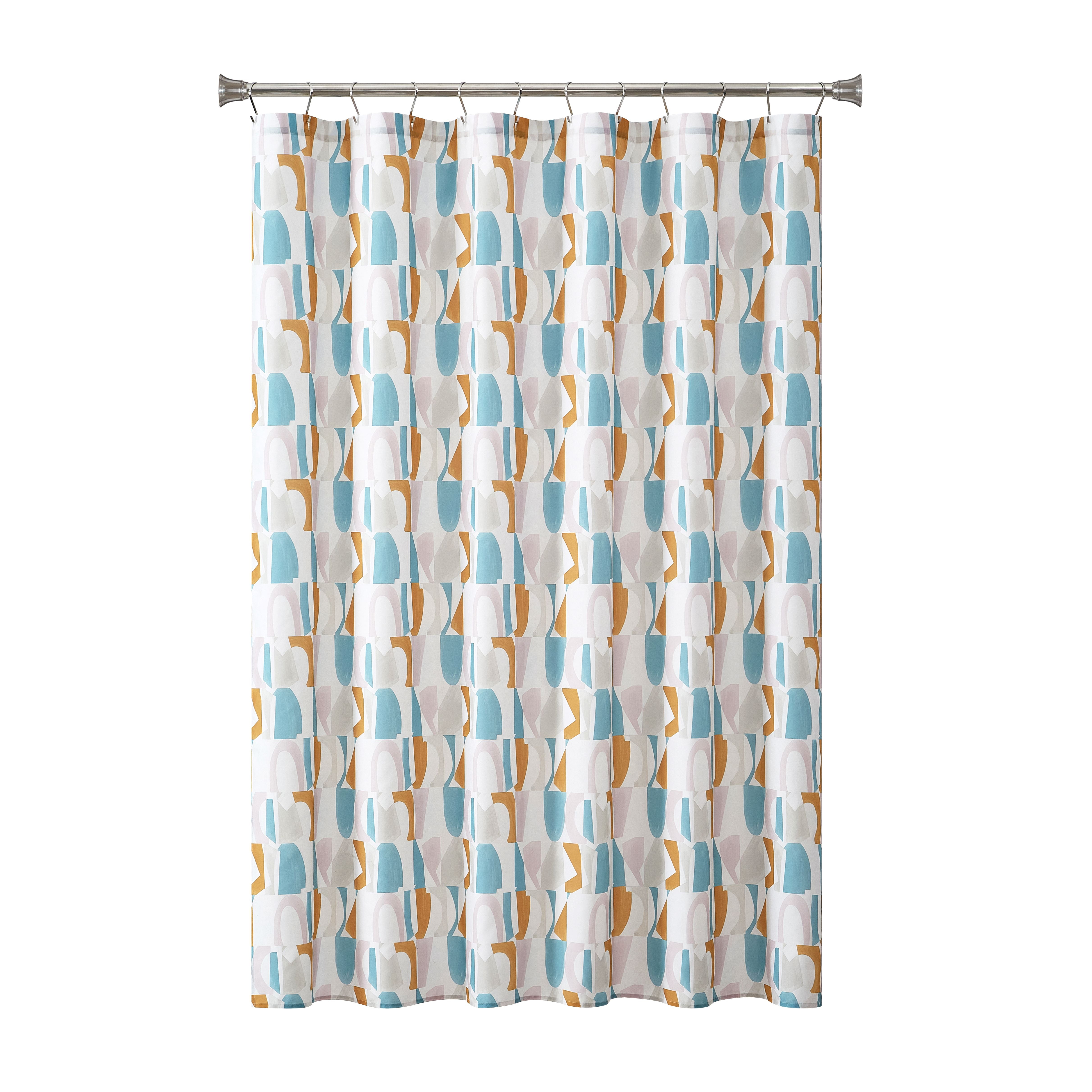 Mainstays 15-Piece Blue & Yellow Geometric Bathroom Set – Shower Curtain, Bath Rugs & Hooks, Modern Washable Design