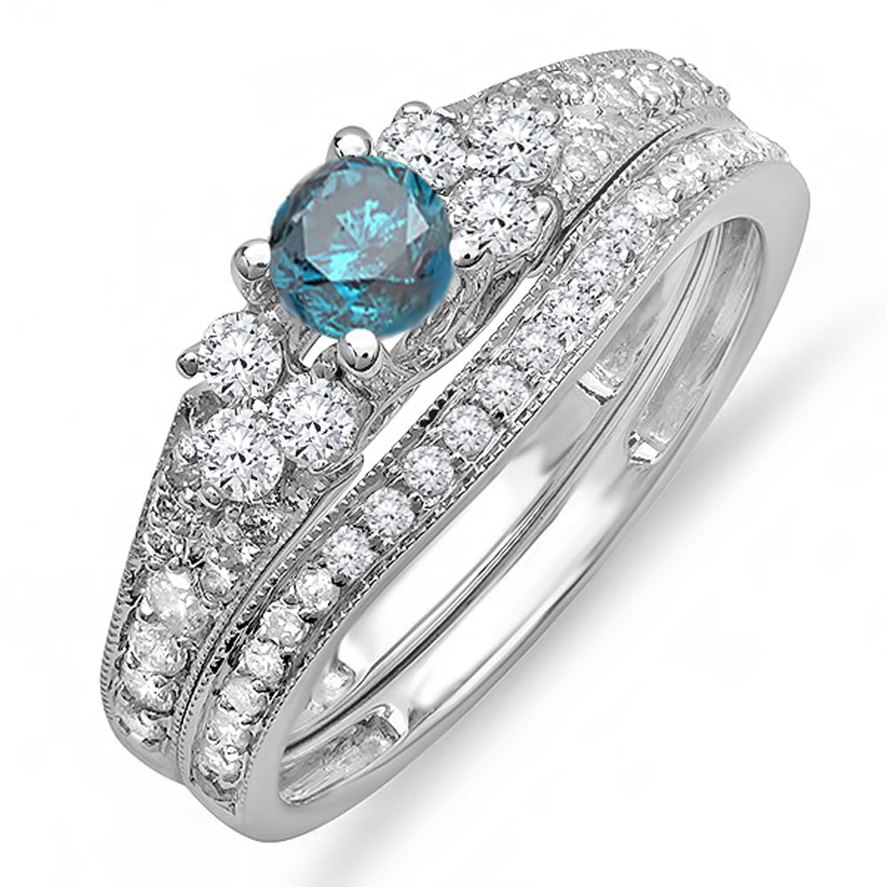 1Ct Round Blue Diamond Wedding Ring 14K White Gold Over Bridal Ring Size 8 