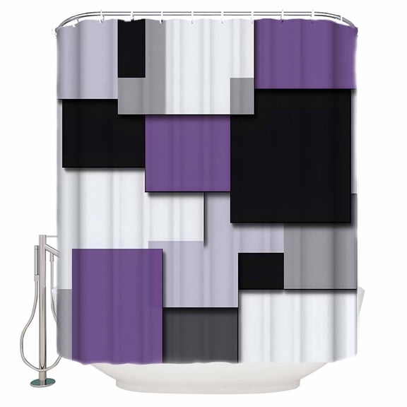 Purple Black Patchwork Shower Curtain, 66" x 72", Abstract Geometric Art Waterproof Bathroom Curtain Washable Shower Curtain Set with 12 Hooks