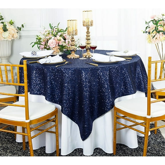 Wedding Linens Inc. 72" x72" Square Sequin Table Overlay Toppers Tablecloth - Navy Blue