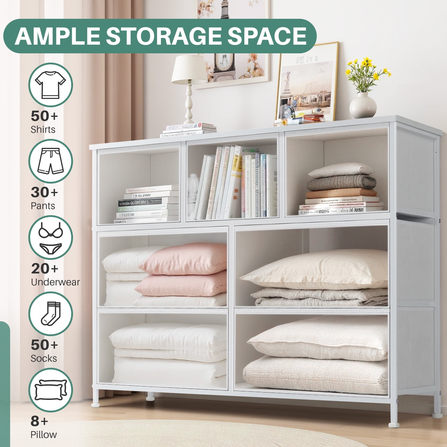 TINKLE WELL Wide 7 Drawer Fabric Dresser, Soft Storage Unit with Bins for Clothes, Toys, Linens, Fits Bedroom, Living Room, Hallway, White