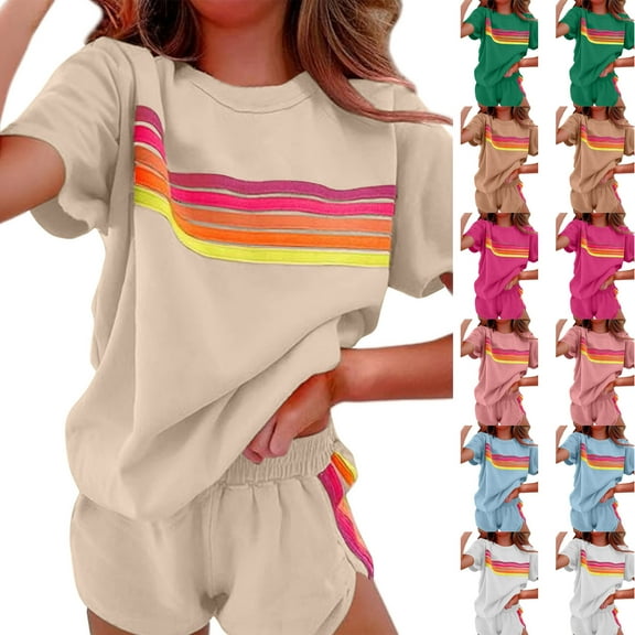 pstuiky Womens Pajamas Shorts Set Oversized Striped Print Lightweight Pajama Sets Leisure Loose Fit Crew Neck Short Sleeve Sleepwear with Shorts Blue S