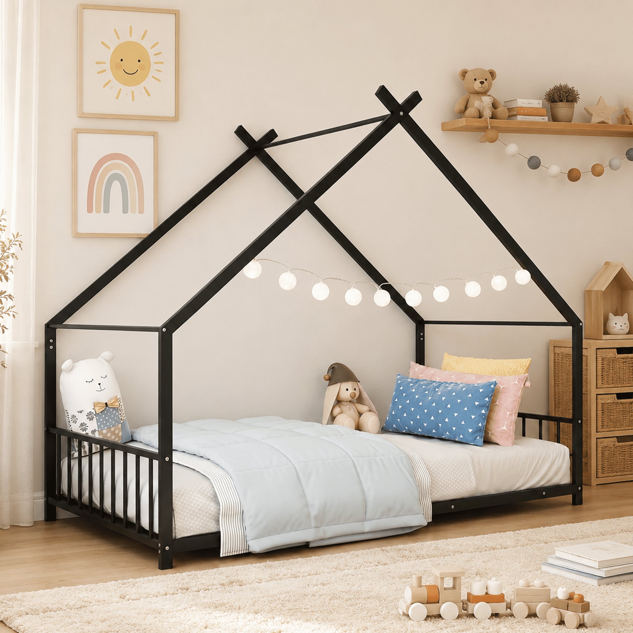SESSLIFE Twin-Size House Bed, Metal Twin Platform Bed Frame, House-shaped Design, Tent Bed with Roof and Chimney for Bedroom, No Box Spring Needed, Easy Assembly,Black