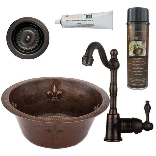 Premier Copper BSP4-BR16FDB3-G Évier de Préparation de Barre Ronde Copper avec Fleur de Lis & 44; Robinet de Barre à une Poignée & 44; 16 Po. avec 3,5 in.