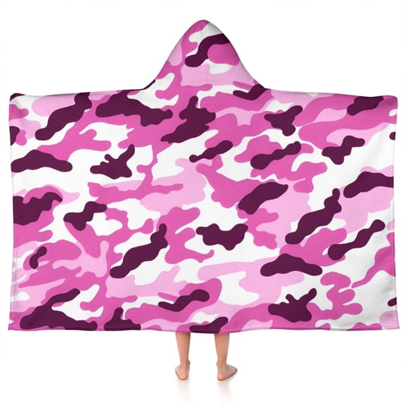 Purple Pink Camo Classic Shapes Pattern Hooded Bath Towel，50"x30" for Ages 3 To 12 Kids, Quick Dry Lightweight Soft Microfiber Hood Beach Towel Cover Up for Kids