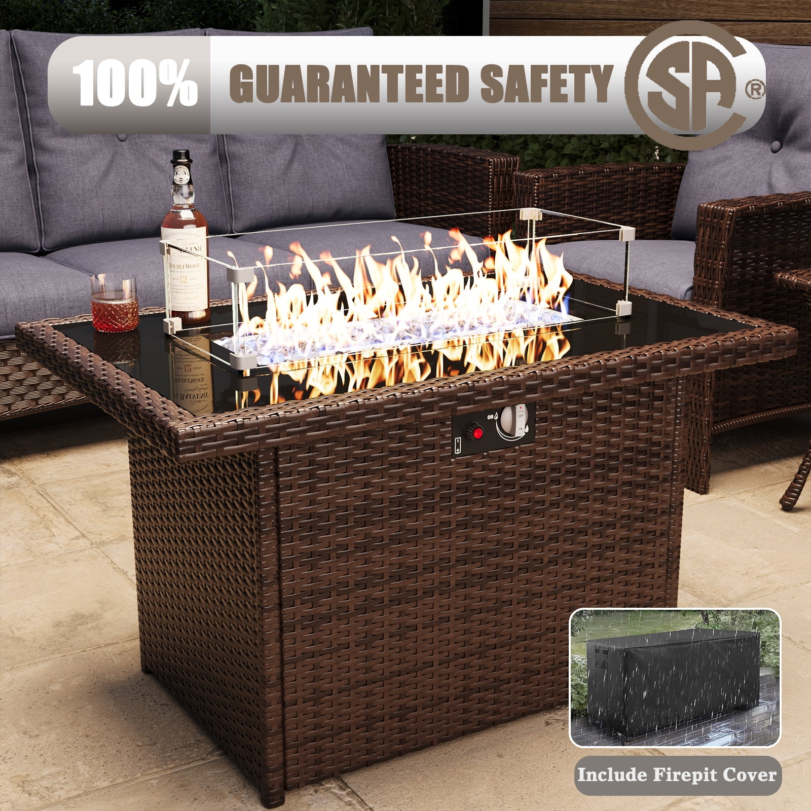 LayinSun 10 Piece Wicker Patio Furniture Set with Fire Pit Table, Classis Outdoor Conversation 360 Degree Swivel Chairs Set with Coffee Table