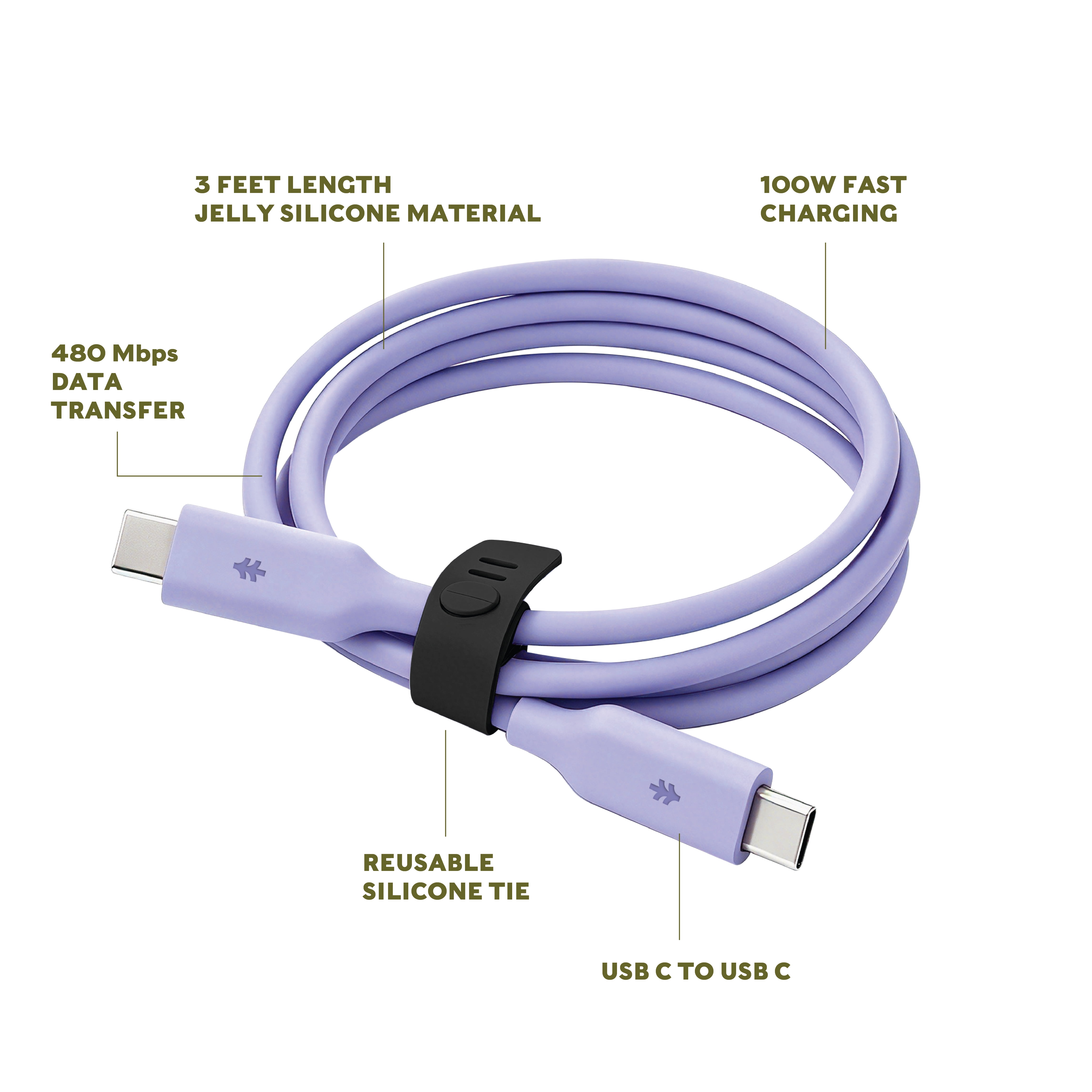 Swiss Tech Kabel S100 3 ft 100W Soft Touch USB-C to USB-C Charging Cable, Myrtle Purple