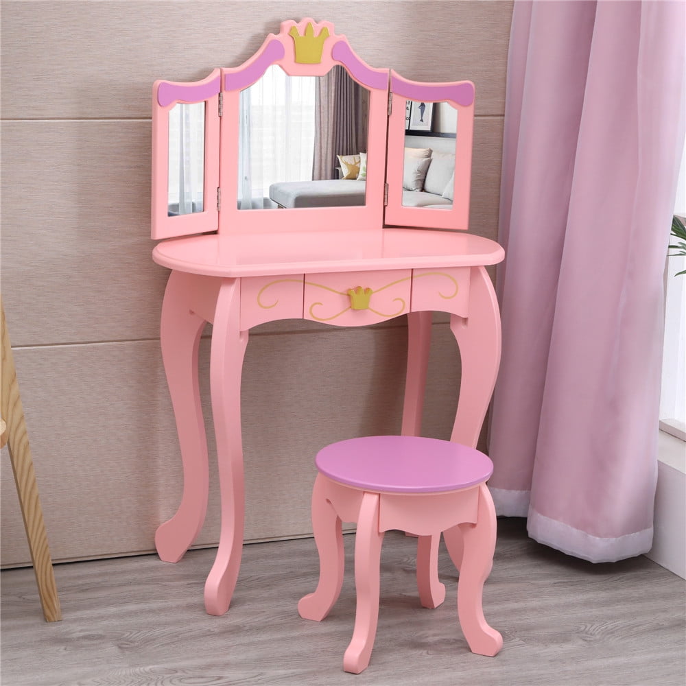 Ktaxon Kids Pretend Play Kids Vanity Table and Chair Set Princess Dressing Table Set with Stool
