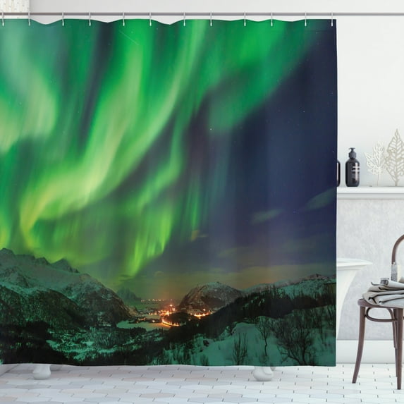 Ambesonne Norway Shower Curtain, Aurora Borealis Green Tones, 69"Wx84"L, Lime Green and Dark Lavender
