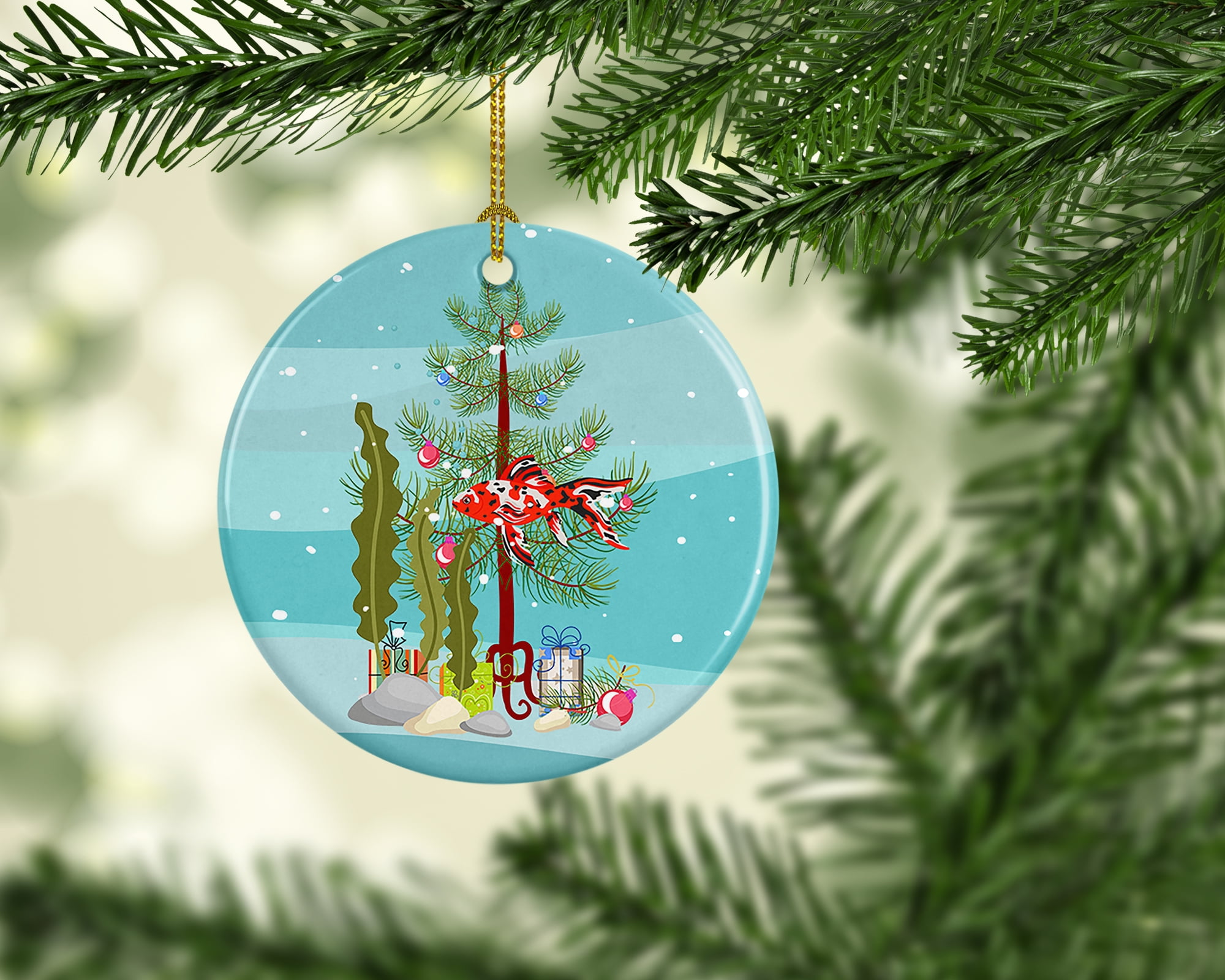 Shubunkin Goldfish Merry Christmas Ceramic Ornament 2.8 in x 2.8 in