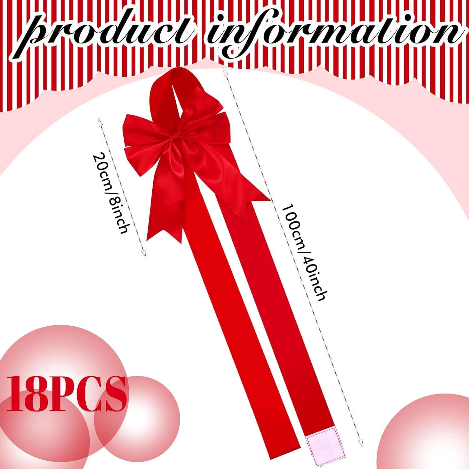 18Pcs Christmas Cabinet Door Ribbons Bows 8 x 40 Inches Large Christmas Wreath Tree Bow for Gift Xmas Cabinets Furniture Kitchen Wrapping Party Decorations (Red)