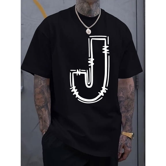 Men's Black Artistic Letter "J" Graphic Tee Plus Size S-5XL, Stylish Printed T-Shirt, Casual Oversized Top for Streetwear Enthusiasts & Personalized Style Lovers