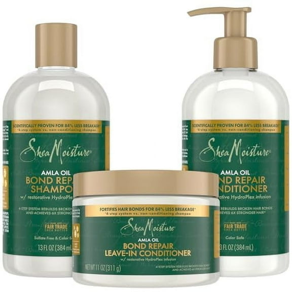 Shea Moisture Shampoo & Conditioner Set Leave-In Conditioner – Amla Oil Bond Repair Hair Treatment for Dry, Damaged Hair, Anti-Frizz Products for Curly Hair (3 Piece Set)