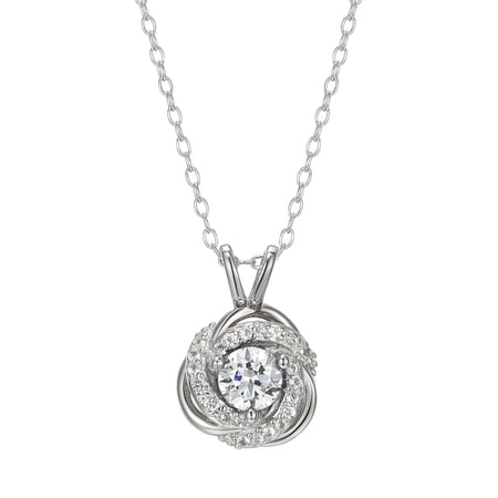 Rhodium Plated Sterling Silver Created White Sapphire April Birthstone Love Knot Pendant Necklace for Women Gift for Her