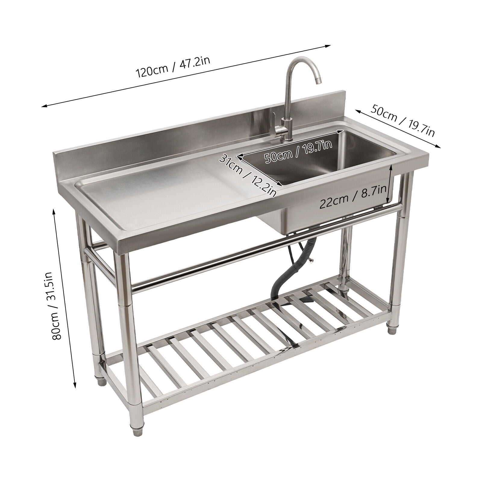 Commercial Kitchen Prep Utility Sink with Drainboard Compartment Stainless Steel