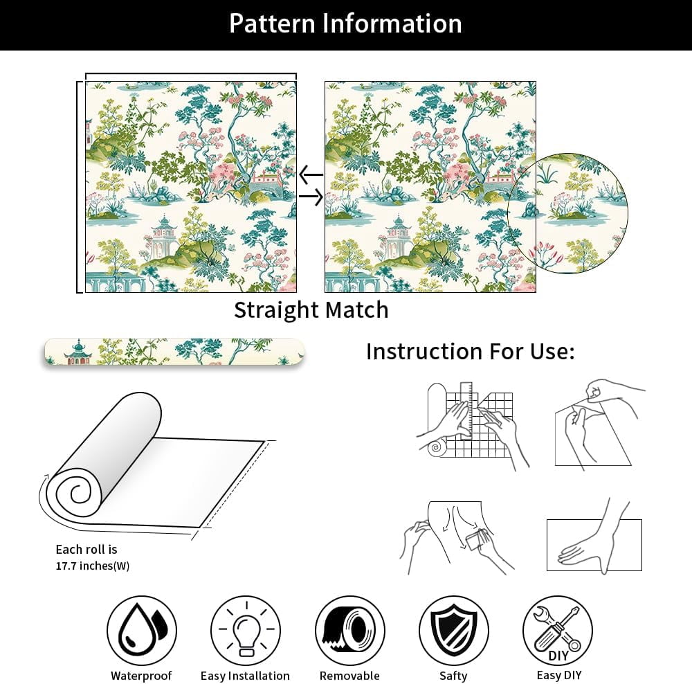 Vintage Green Blue Pink Garden Landscape Nature Plants Peel and Stick Wallpaper Contact Paper Vinyl Stick on Wall Paper for Bedroom Bathroom Kitchen Cabinet Renter Friendly