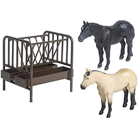 Priefert Pasture Horse Feeder with Black and Buckskin Quarter Horses