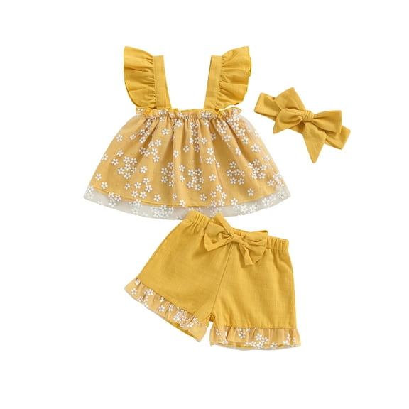 FEORJGP Kids Toddler Girl Summer Casual Outfits 6M 12M 18M 2T 3T 4T Infant Baby Fly Sleeve T-Shirts Camisoles Floral Print Mesh Tops Bow Elastic Waistweet 3Pcs Clothes Set for Daily Vacation