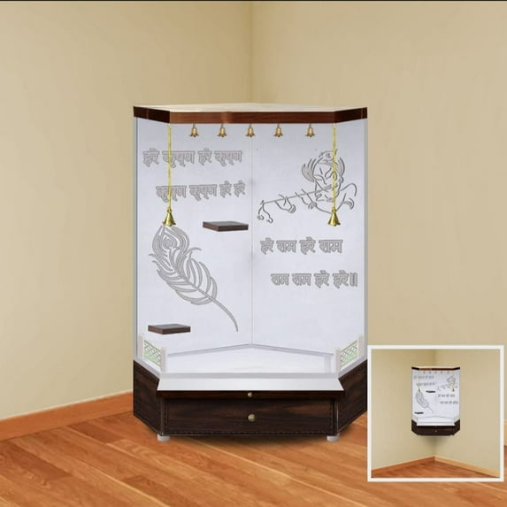 Customized Wooden Temple / Corner White LED Light Temple for Home and Office | Side Corner Wooden Mandir /Wall Hanging And Table Top /Mandap