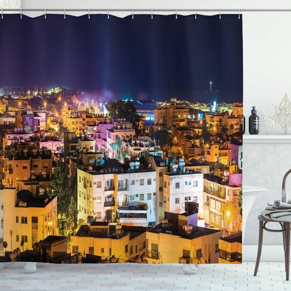 Cyprus Shower Curtain, City Landscape Image at Night from City of Paphos with Appartements and Lighthouse, Fabric Bathroom Set with Hooks, 69W X 70L Inches, Multicolor, by Ambesonne