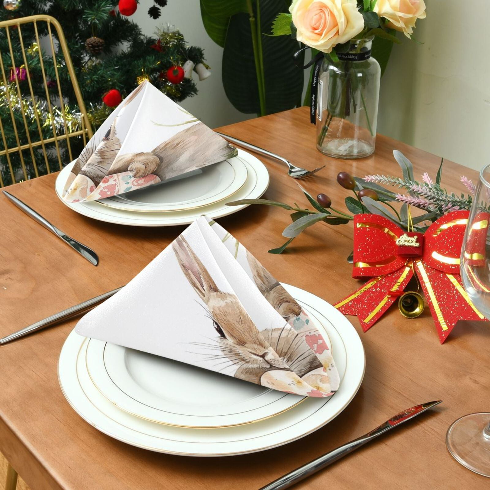 JSTEL Bunny Rabbit Easter Egg Cloth Napkins Set of 6, 20x20 Inch Washable and Reusable Napkin for Decoupage Dinner Party Everyday Use